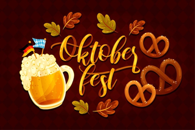 Free vector oktoberfest lettering with pint and pretzels