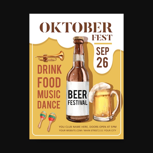 Modello del manifesto di oktoberfest con strumento musicale isolato, illustrazione dell'acquerello di progettazione della birra