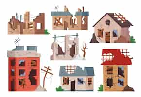 Free vector old broken buildings set. vector illustrations of destroyed houses after war, apocalypse or earthquake. cartoon abandoned dirty property in poor condition isolated white. ghetto, poverty concept