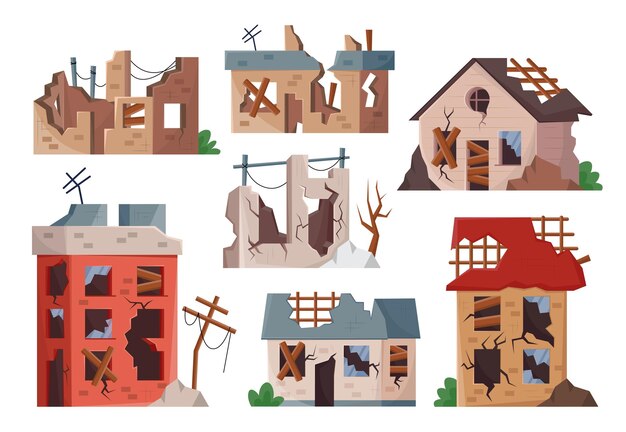 Old broken buildings set. Vector illustrations of destroyed houses after war, apocalypse or earthquake. Cartoon abandoned dirty property in poor condition isolated white. Ghetto, poverty concept