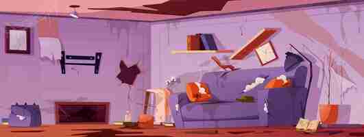 Free vector old broken living room interior abandoned house