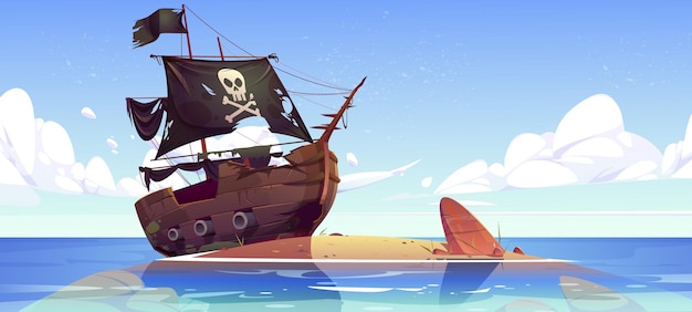 Old broken pirate ship vector illustration after shipwreck on beach – Free Vector Download