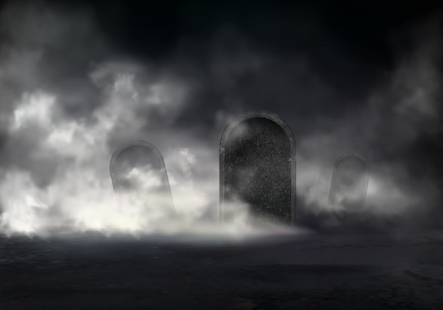 Free vector old cemetery at night realistic vector with sloping gravestones covered thick fog in darkness illust