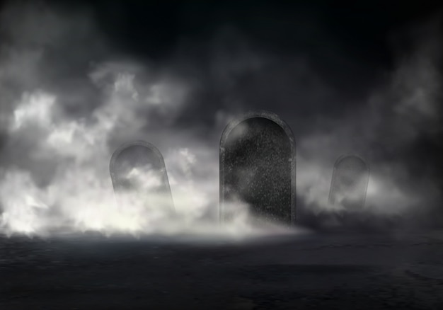 경 사진 묘비와 밤 현실적인 벡터에 오래 된 묘지 어둠 illust에 두꺼운 안개 덮여