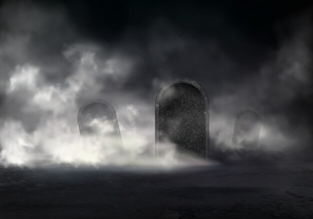 傾斜墓石と夜の現実的なベクトルで古い墓地は暗闇のイラストで厚い霧をカバー