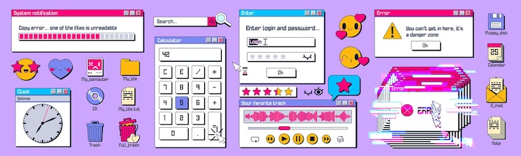 Free Vector old computer windows and icons set on background