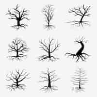 Free vector old dark trees with roots.  dead forest trees. black silhouette dead tree illustration