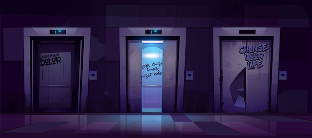 Free vector old dirty hallway with open and closed elevator doors at night.