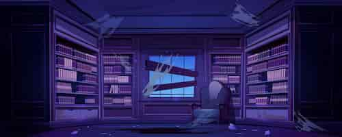 Free vector old dirty library with bookcases at night