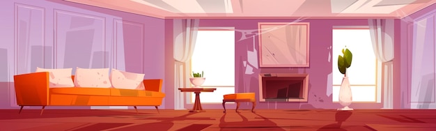 Бесплатное векторное изображение Старая грязная гостиная в заброшенном доме