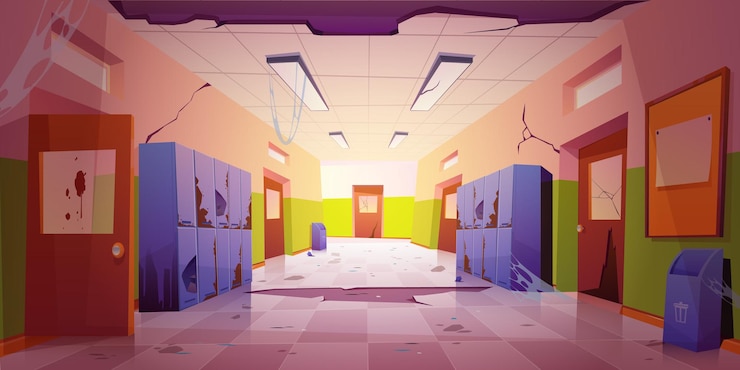 Free Vector old dirty school hallway with broken lockers