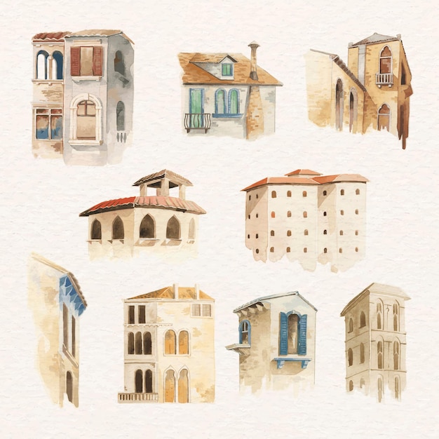 Free vector old european architectural building watercolor collection