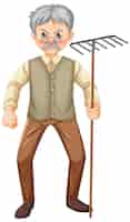 Бесплатное векторное изображение Старый фермер мужчина мультипликационный персонаж, держащий грабли садовый инструмент