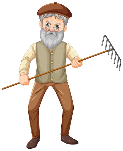 Free vector old farmer man cartoon character holding rake garden tool