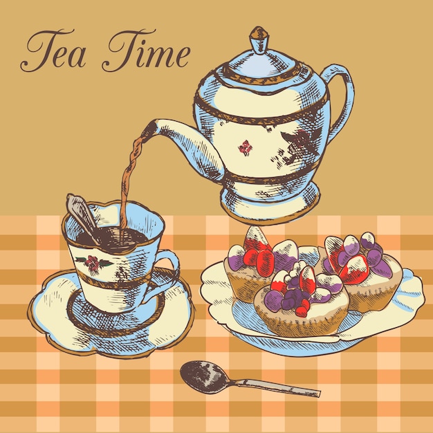 Old-fasioned inglese tè ristorante tempo paese stile poster con teiera tradizionale e cupcakes dessert illustrazione vettoriale