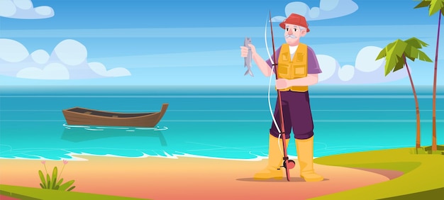 Free vector old fisherman holding fish on rod at sea coast