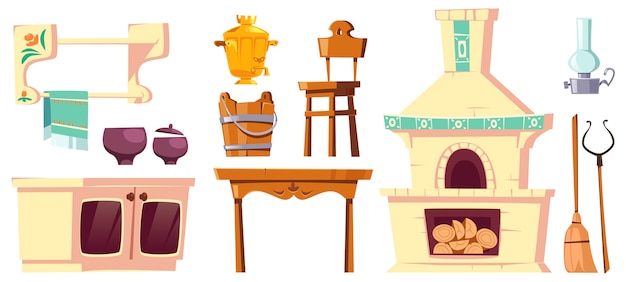 Бесплатное векторное изображение Старая мебель сельской русской кухни с духовкой, самоваром, столом, стулом и ручкой.