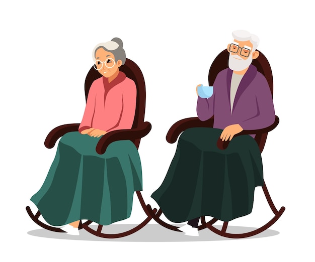 Бесплатное векторное изображение Старая бабушка и дедушка сидят в креслах счастливая пара пожилых людей в гостиной в креслах-качалках расслабляющая пенсия