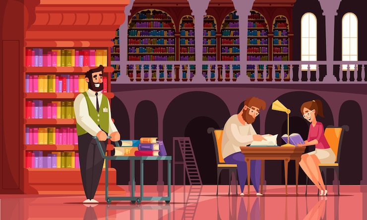 Бесплатный Вектор книжная композиция из старой библиотеки с видом на галерею с книжными шкафами старинных персонажей библиотекаря и читателей