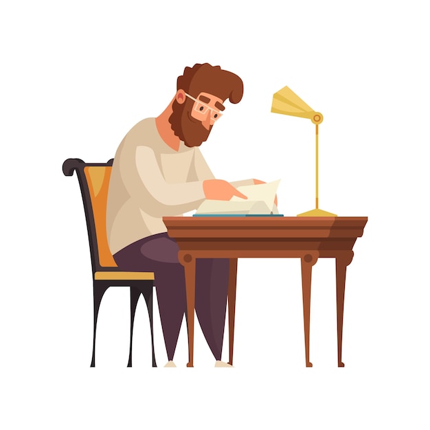 Free vector old library interior composition with human character of bearded man reading book at table