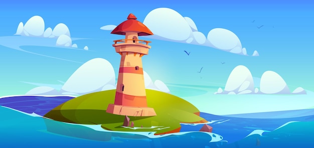 Free vector old lighthouse on green island in sea