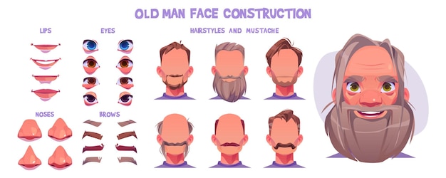 Free vector old man face animation constructor character kit