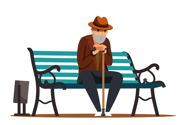 Vettore gratuito vecchio seduto su una panchina nel parco pubblico della città scena all'aperto del personaggio maschile senior felice isolata su sfondo bianco