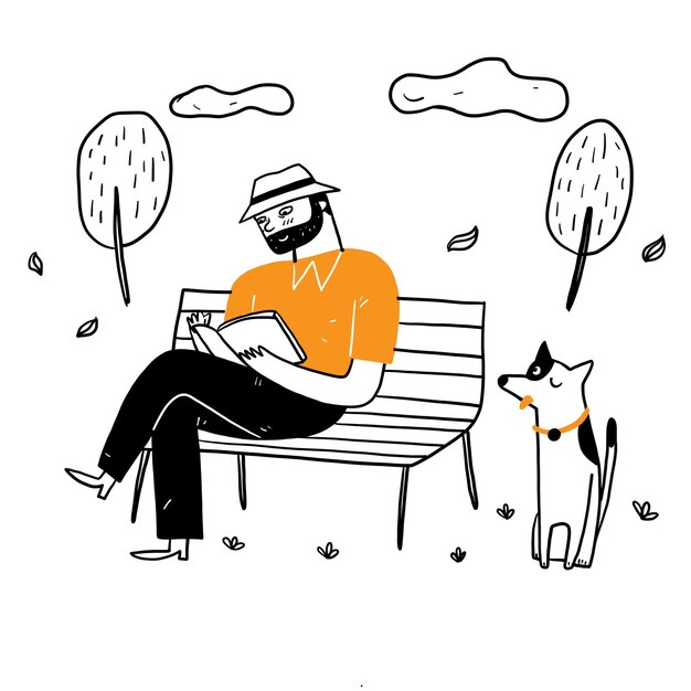 公園の椅子に座って本を読んでいる老人は、犬と一緒にリラックスした。手描きベクトルイラスト落書きスタイル