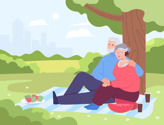 Old man and woman having picnic under tree in park. Cute scene with senior couple spending time together flat vector illustration. Family, vacation, love concept for banner or landing web page