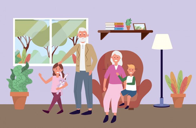 old man and woman with kids and plants