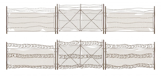 Free vector old metal chain link fence with gate and barbwire