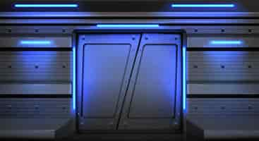 Free vector old metal sliding doors with glowing neon lamps in spaceship, submarine or laboratory.