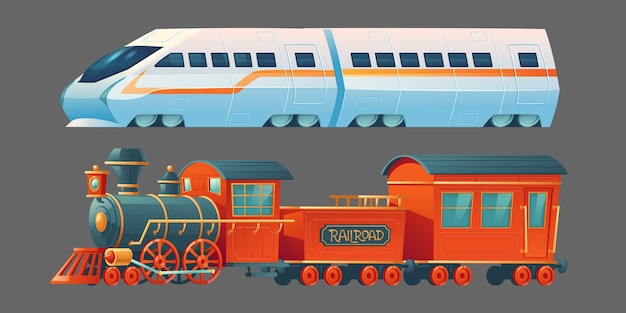 오래 되 고 현대 기차, 골동품 증기 철도 교통 및 현대 지하철 기관차, 회색 배경에 고립 된 도시 철도 통근 교통 측면보기. 만화 그림