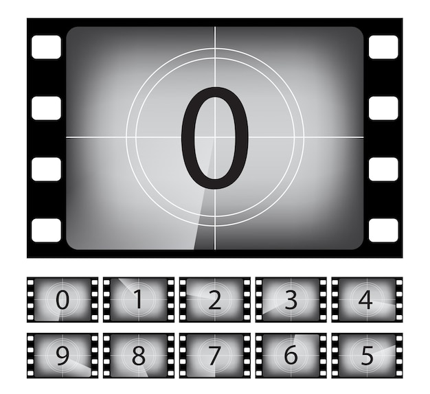 古い映画のカウントダウンフレームのイラストは、フィルムストリップの境界線の分離されたデザイン要素でレトロなヴィンテージシネマトグラフィーの黒と白のサイレントフィルム番号を設定します