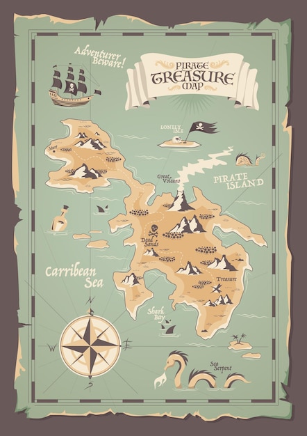 Old paper pirate map with ragged edges in grunge style for treasures hunting illustration