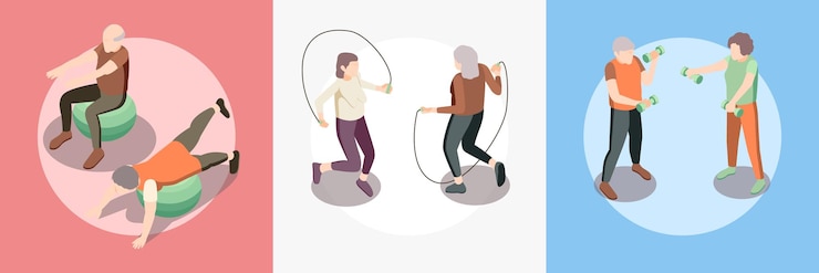 Free Vector old people fitness square set with health and energy symbols isometric isolated vector illustration