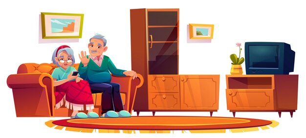 Old people in room in nursing home. elderly woman calling on mobile phone