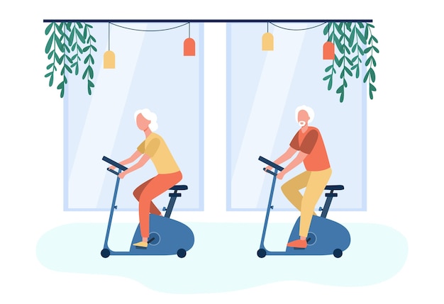 Free vector old people training on exercise bicycle in gym. cartoon illustration