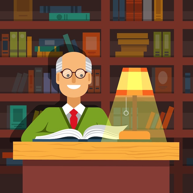Vecchio professore in bicchieri che legge un libro