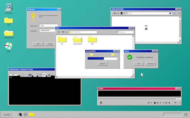 Vettore gratuito vecchia composizione del programma con set di finestre del computer sul desktop retrò con icone cartelle e pulsanti illustrazione vettoriale