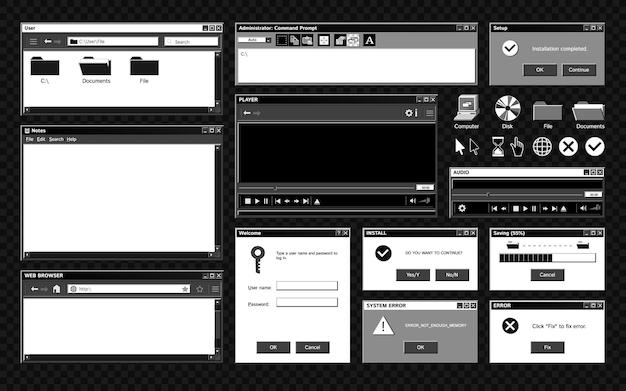 無料ベクター アイコンとボタンのベクトル図とレトロなアプリケーション インターフェイスの分離のモノクロ イメージで設定された古いプログラム ウィンドウ