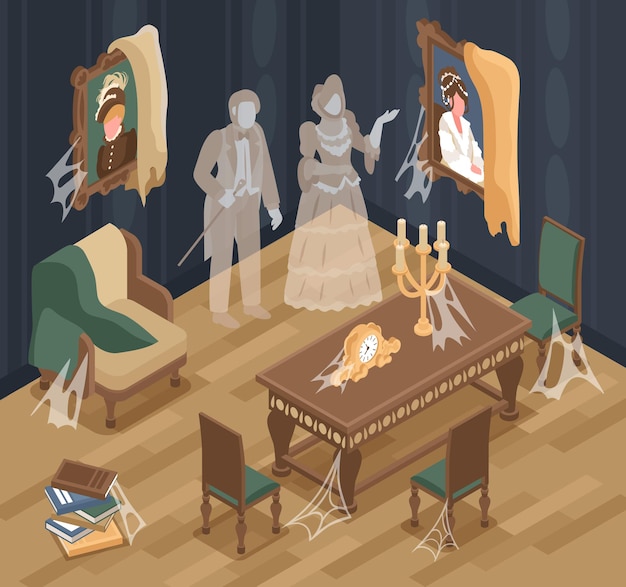 Old room interior  with mystery decorations isometric