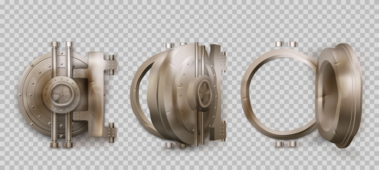 Free Vector old round safe door, metal bank vault gate isolated on transparent background. realistic set of closed and open crumpled steel circle door with lock. rusty iron bunker gates