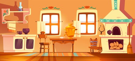 Free vector old rural russian kitchen oven, samovar, table, chair and grip. vector cartoon interior of traditional ukrainian ancient house with stove, wooden furniture, broom and oil lamp