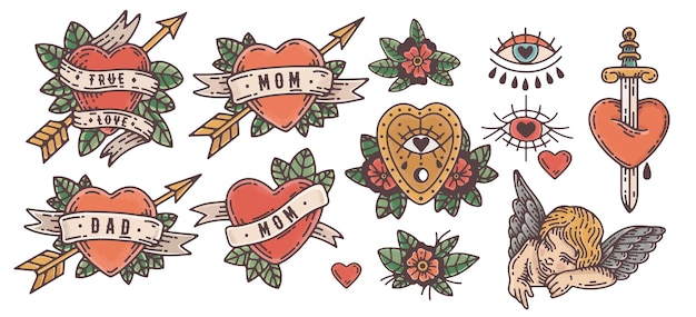 Old school tattoo illustration vector set hand drawn valentine heart illustrations angel pierced