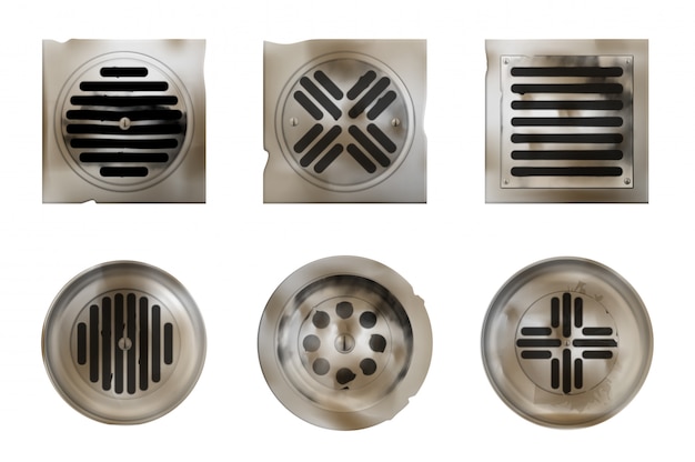 old shower drainage holes with rusty or dirty covers isolated on white