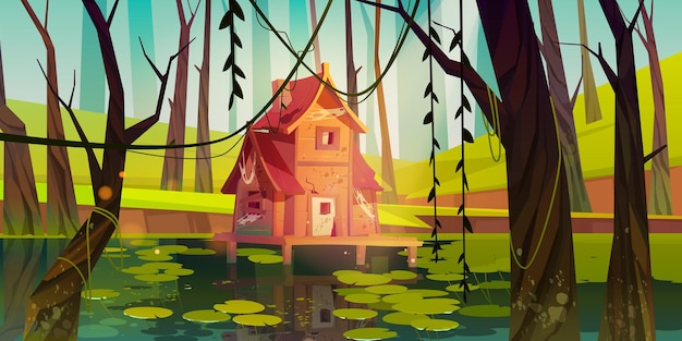 Старый дом на сваях в болоте в лесу