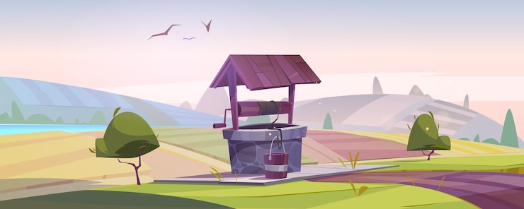 Free Vector old stone well with drinking water on green hill with farm fields