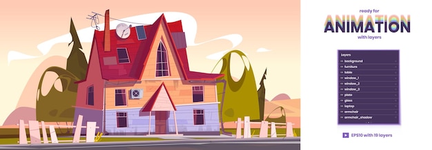 Old suburban house parallax background with 2d separated layers ready for game animation decrepit residential cottage with rickety fence and satellite antenna on roof cartoon vector illustration