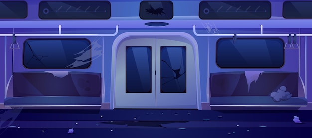 Vecchia carrozza del treno della metropolitana all'interno. interno del vagone della metropolitana sporco vuoto di notte.